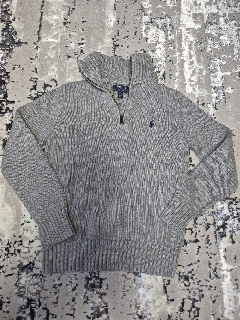 Polo Ralph Lauren 1/4 Zip Knit Sweater Boys Medium 10-12 Gray Blue Logo